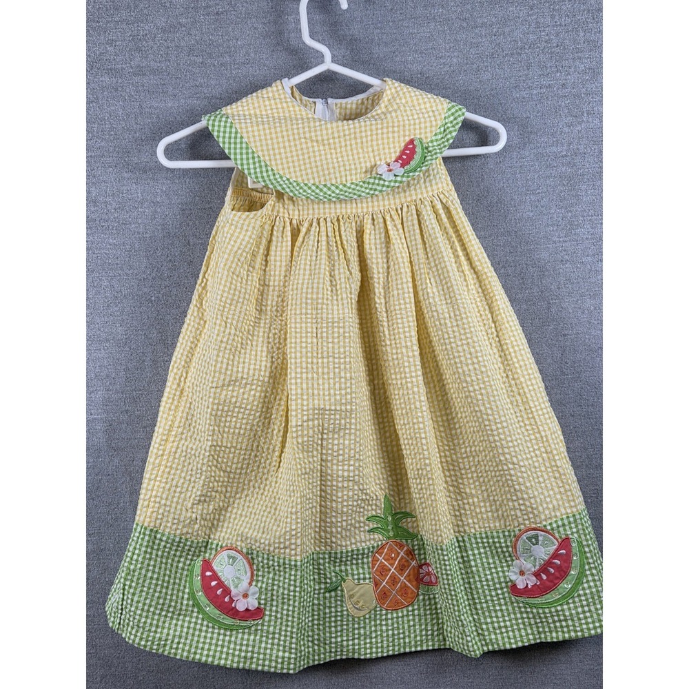 Sophie Rose Girls 6X Summer Sleeveless Sun Dress Seersucker Vintage Yellow Fruit - Picture 1 of 9